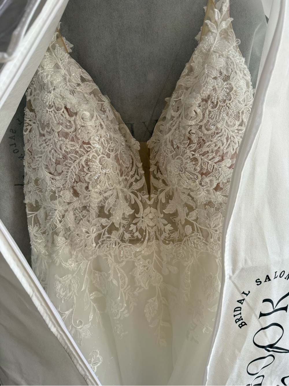 Maggie Sottero Champagne Lace V-Neck Wedding Gown